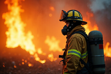 fireman with protective outfit and hose working at fire event, generative AI