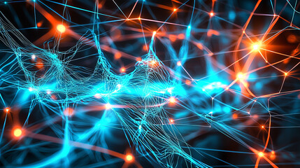 Futuristic neural network graphic showcasing vibrant blue and orange connections, representing advanced technology and data flow. intricate design evokes sense of innovation and complexity
