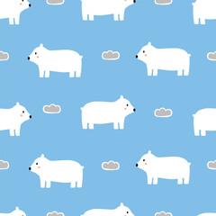 A playful pattern featuring cartoonish white bears against a light blue background, complemented by fluffy clouds.