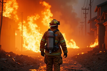 Naklejka premium fireman with protective outfit and hose working at fire event, generative AI