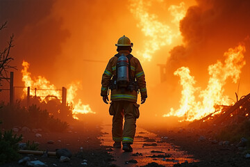 Naklejka premium fireman with protective outfit and hose working at fire event, generative AI