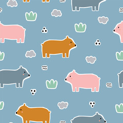 A playful pattern featuring colorful cartoon bears against a blue background, complemented by clouds and grass for a cheerful design.