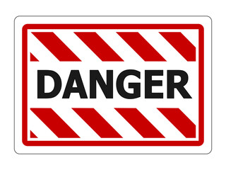 Danger, warning sign with word in the middle of diagonal red and white  barricade tape. Horizontal shape, sticker.