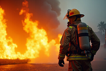 Fototapeta premium fireman with protective outfit and hose working at fire event, generative AI