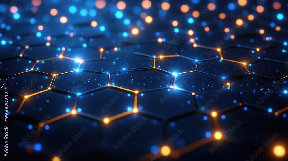 Poster a mesmerizing abstract representation of a connected network of hexagonal cells, illuminated with vi