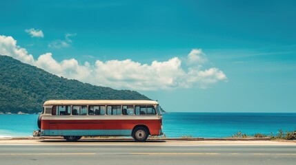 Tourist bus travelling through scenic beach road. Travel by bus on vacation