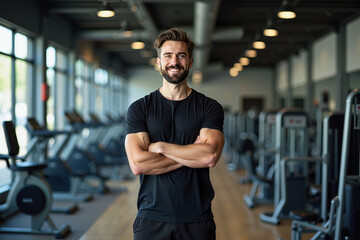 person professional body trainer smile and standing at gym, generative AI