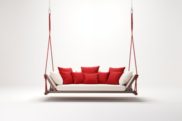  A sleek, modern white swing sofa with smooth cushions and a minimalist frame, hanging from a sturdy wooden beam. The swing is set in a bright, sunlit outdoor space with clean