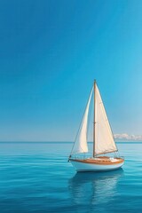 Fototapeta premium A stunning sailboat glides serenely over calm blue waters, surrounded by a clear sky and distant clouds, perfect for a tranquil getaway.