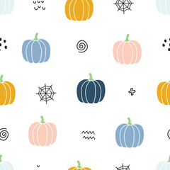 A whimsical pattern featuring colorful pumpkins, spider webs, and playful shapes, perfect for autumn-themed designs.