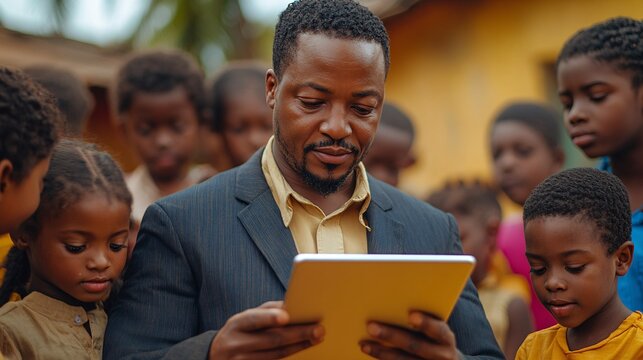 Engaging Teacher Presenting Lesson on Digital Tablet to Attentive Students in Classroom, Medium Shot