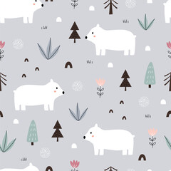 A playful pattern featuring illustrated white bears among trees and flowers on a light gray background, ideal for children's designs or cozy textiles.