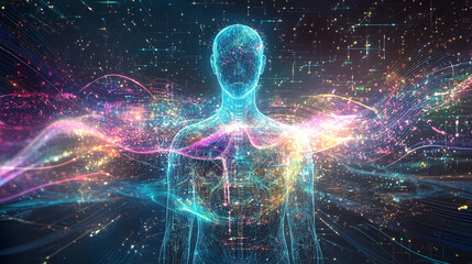 digital figure surrounded by vibrant sound waves and colorful light patterns, representing fusion of technology and human essence. scene evokes sense of wonder and exploration