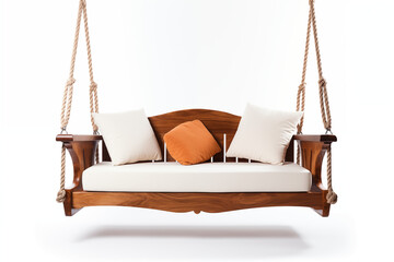  A sleek, modern white swing sofa with smooth cushions and a minimalist frame, hanging from a sturdy wooden beam. The swing is set in a bright, sunlit outdoor space with clean