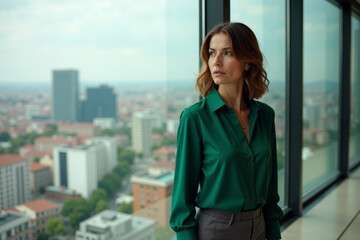 Fototapeta premium person executive standing and thinking with building tower in background at the office, generative AI