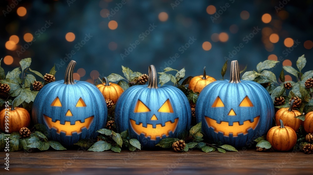 Poster A row of glowing blue jack-o'-lanterns with carved faces surrounded by fall leaves on a wooden surface with a soft bokeh background