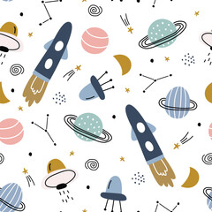 A whimsical, colorful pattern featuring rockets, planets, stars, and UFOs against a white background, ideal for space-themed designs.