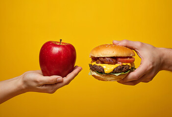 hand holding an apple and burger