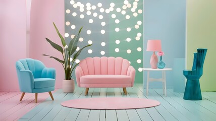 Pastel Room with Pink Sofa and Bokeh Lights