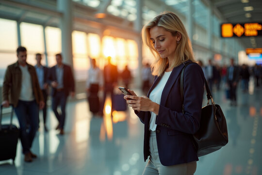 person traveler using mobile phone at the airport terminal, generative AI