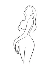 Isolated line art vector illustration of a beautiful woman, faceless portrait, simple minimalist illustration,  female body contour, logo
