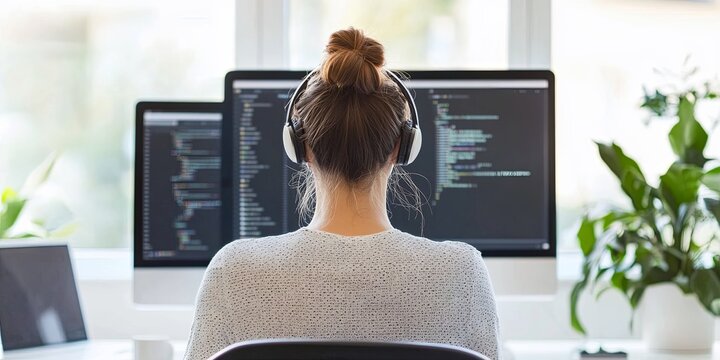 A person wearing headphones works at a dual-monitor setup cluttered with code, surrounded by greenery in a modern, bright workspace.
