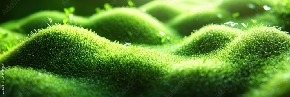 Poster a lush carpet of vibrant green moss, illuminated by sunlight, creating a soft and gentle landscape