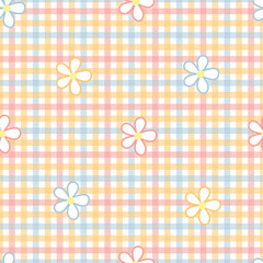 A cheerful, spring-themed pattern featuring pastel colors and whimsical flowers on a checked background.
