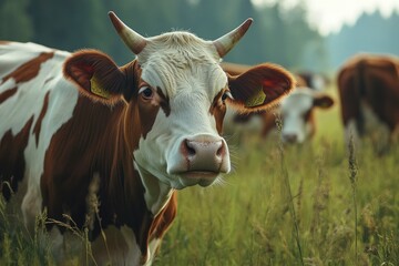 Cows are grazing on a meadow. Cattle cow pasture in a green field. Dairy cattle at pasture on hill in rural. Cattle Breed pasture on grass field. Cow is looking at camera. generative ai