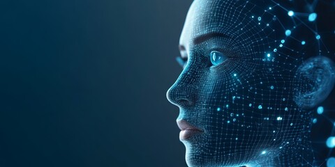 A futuristic digital face illuminated by blue lights, representing artificial intelligence and technology, with intricate data patterns visible on the surface.
