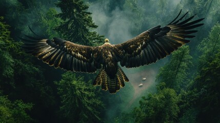 Majestic Eagle Soaring Over Lush Green Forest