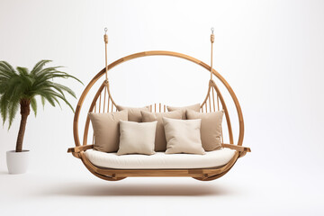  A sleek, modern white swing sofa with smooth cushions and a minimalist frame, hanging from a sturdy wooden beam. The swing is set in a bright, sunlit outdoor space with clean