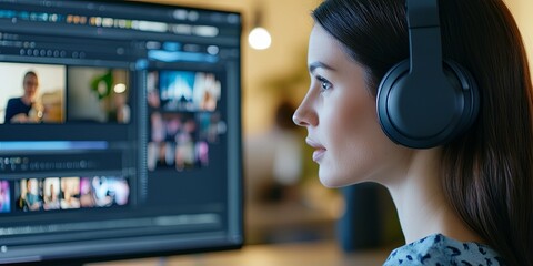 A focused woman edits video content on her computer, wearing headphones and immersed in her work, highlighting a modern digital workspace.