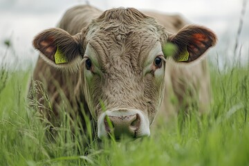 Cows are grazing on a meadow. Cattle cow pasture in a green field. Dairy cattle at pasture on hill in rural. Cattle Breed pasture on grass field. Cow is looking at camera. generative ai