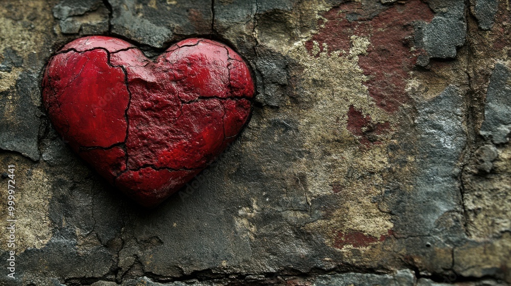 Poster a red heart, cracked and weathered, rests against a backdrop of worn and textured stone, hinting at 