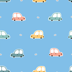 A playful pattern featuring colorful cartoon cars on a light blue background, ideal for children's designs or automotive themes.
