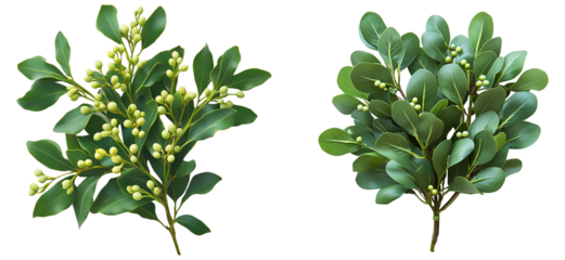 Mistletoe plant set top view PNG image, flat lay design, isolated on transparent background. Festive green mistletoe with berries, traditional Christmas decoration for holiday celebrations and decor
