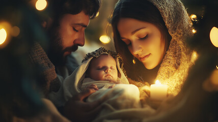 Intimate scene of Joseph, Mary, and baby Jesus in soft candlelight, symbolizing the nativity, Christmas, and the holy family's devotion and love.