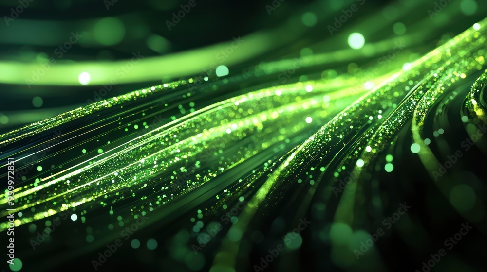 Poster abstract green waves with glowing particles create a dynamic visual effect.