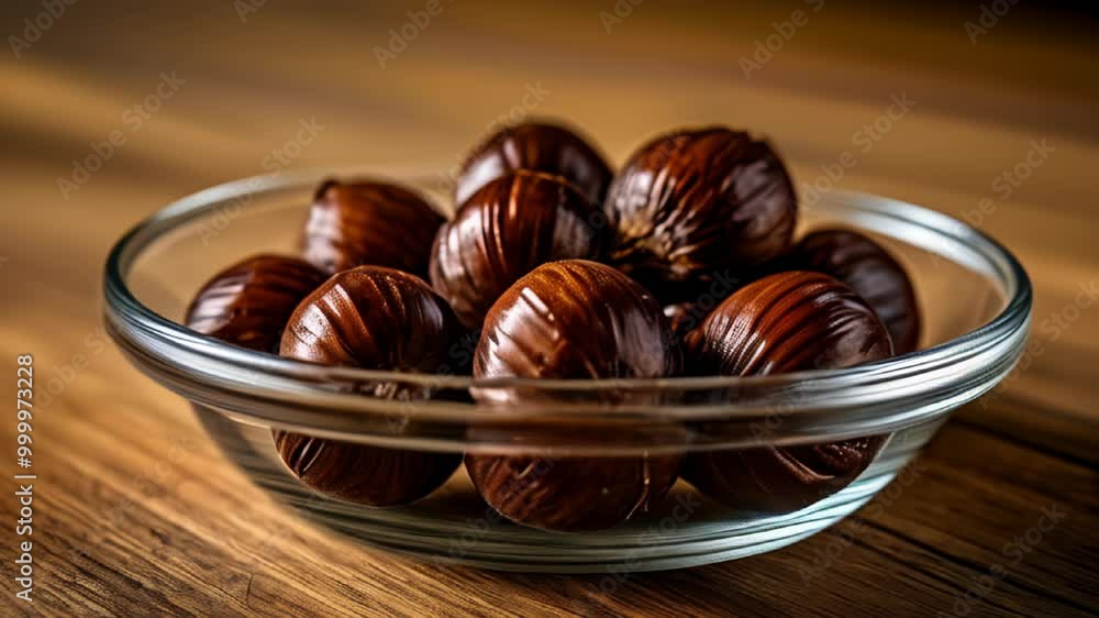 Sticker  Nutty delight  A bowl of almonds on a wooden table