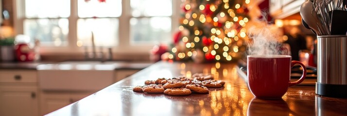 A cozy kitchen with holiday cookies baking, a steaming cup of coffee on the counter, and festive decorations all around