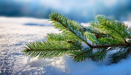 Obraz premium Serene winter scene with fir branch on snow. Pine branch. Enchanting landscape. Nature cold season