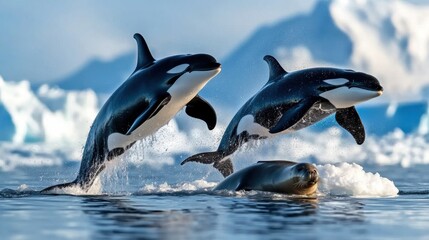 Obraz premium Playful Orcas and Seal in Arctic Waters