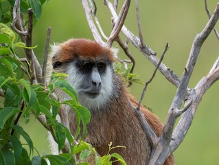 Patas monkey sitting on a tree branch in the savannah of murchison falls national park in Uganda