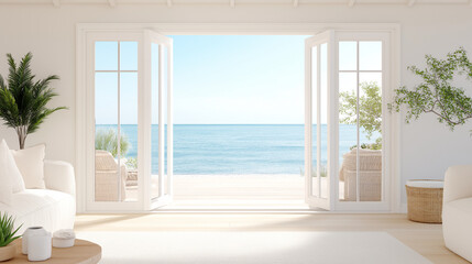 Beachside cottage with soft pastel walls, gentle sunlight streaming through large windows, peaceful seaside setting