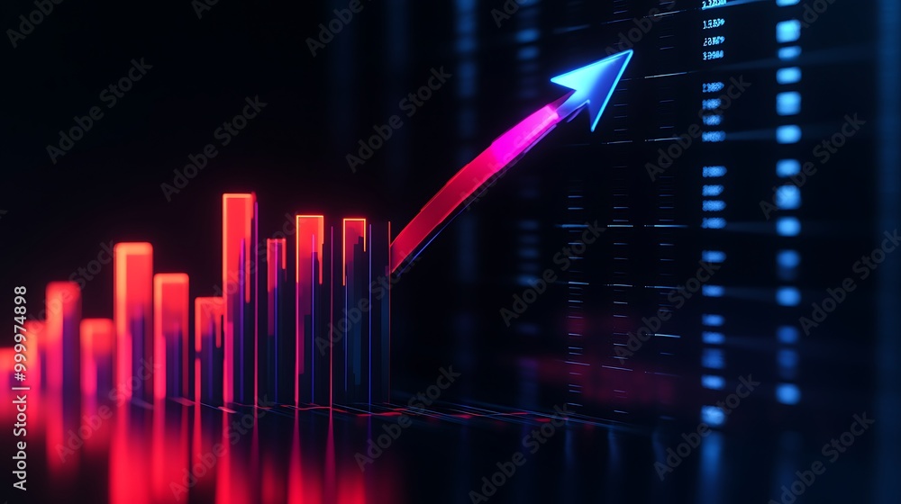 Poster abstract 3d neon render with a chart and an arrow