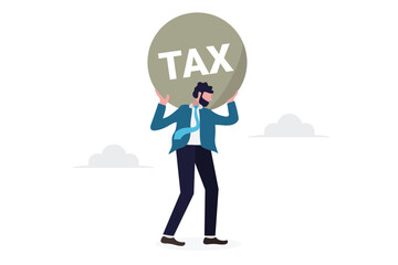 Businessman carrying a large tax sign, white isolated background.