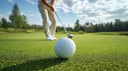 Close up of a golf ball on a tee with a golfer about to take a swing.