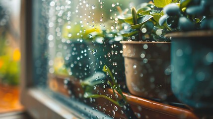 A close-up of a window sill adorned with plants, raindrops collecting on the glass.