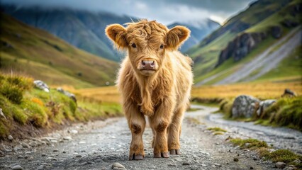 Fototapeta premium Highland calf standing on trail with mountain grass in background